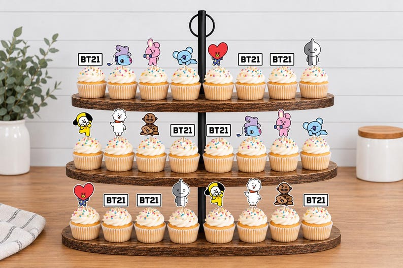 Peut inclure: Un pr&eacute;sentoir &agrave; cupcakes en bois &agrave; trois niveaux contenant vingt-quatre cupcakes garnis de vermicelles color&eacute;s. Chaque cupcake est surmont&eacute; d'une d&eacute;coration en papier repr&eacute;sentant divers personnages BT21 ou le texte BT21 dans un cadre noir.