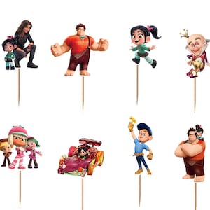 May include: A set of twelve Wreck-It Ralph themed cupcake toppers featuring various characters including Ralph, Vanellope, Felix, and King Candy. Each character figure is attached to a thin wooden toothpick for insertion into food items.