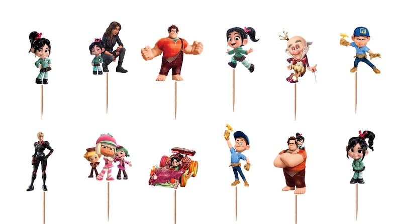 May include: A set of twelve Wreck-It Ralph themed cupcake toppers featuring various characters including Ralph, Vanellope, Felix, and King Candy. Each character figure is attached to a thin wooden toothpick for insertion into food items.