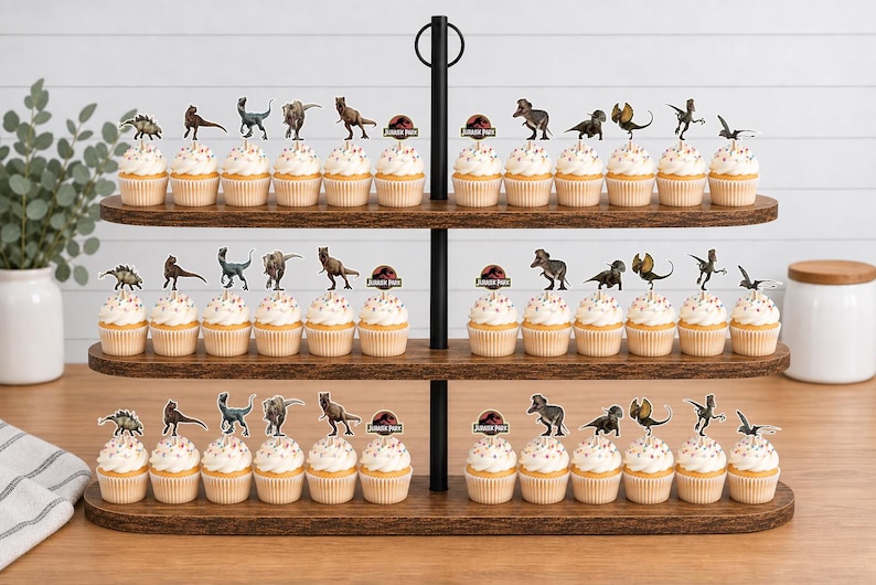 Pu&ograve; includere: Un'alzata per cupcake in legno a tre livelli che ospita numerosi cupcake sormontati da varie figure di dinosauri e decorazioni circolari con il logo di Jurassic Park. Il supporto presenta un'asta centrale in metallo nero.