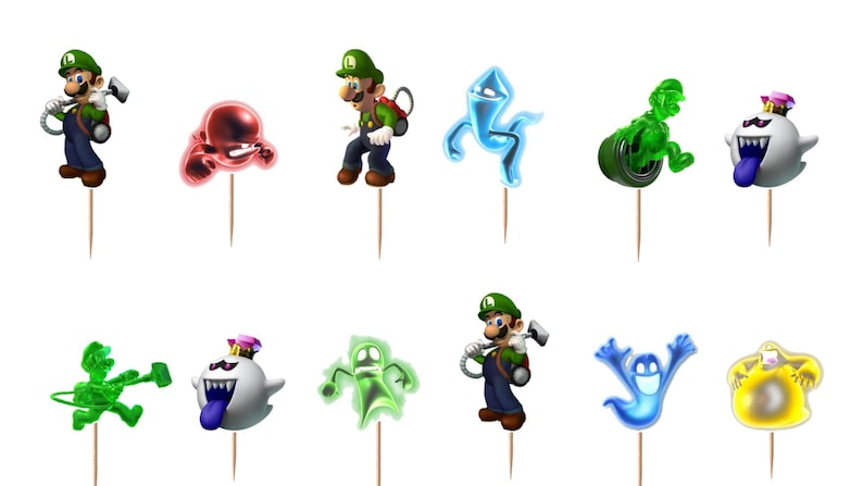Puede incluir: Un conjunto de doce adornos decorativos para cupcakes con varios personajes y fantasmas de la serie de videojuegos Luigi's Mansion. Cada adorno est&aacute; sujeto a un palillo de madera y muestra ilustraciones coloridas y detalladas de Luigi.