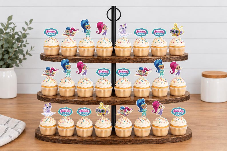 May include: A three-tiered wooden cupcake stand holding twenty-four cupcakes topped with colorful Shimmer and Shine character paper toppers. Each cupcake features a light-colored frosting with multi-colored sprinkles and a decorative paper cutout.