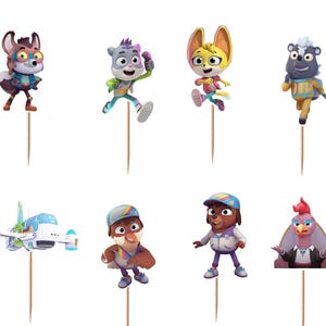 May include: A set of twelve decorative cupcake toppers featuring various cartoon animal characters, a small airplane, and a robotic figure. Each colorful character and object is attached to a thin, pointed wooden pick for insertion into food items.