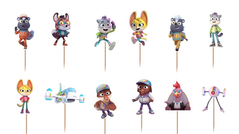 Puede incluir: Un conjunto de doce adornos decorativos para cupcakes que representan varios personajes de animales de dibujos animados, un peque&ntilde;o avi&oacute;n y una figura rob&oacute;tica. Cada personaje colorido est&aacute; unido a un palillo de madera fino.