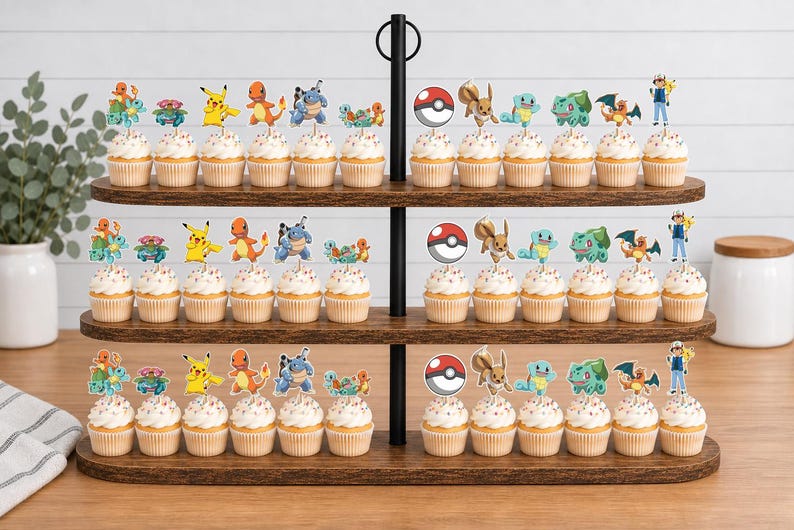 May include: A three-tiered wooden cupcake stand holding numerous cupcakes topped with colorful paper cutouts of various Pokemon characters, including Pikachu, Charmander, Squirtle, Bulbasaur, Eevee, and Poke Balls, arranged in uniform rows.
