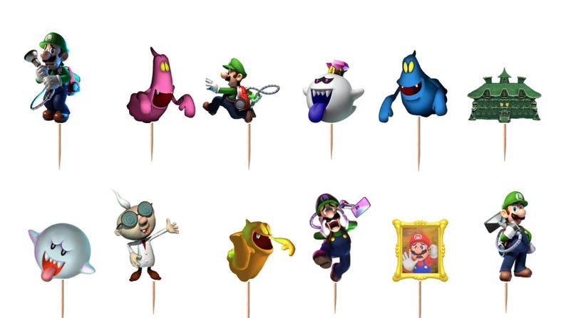 May include: A set of twelve decorative food picks featuring various characters and elements from the Luigi's Mansion video game series, including Luigi with a vacuum, several colorful ghosts, a haunted mansion, a scientist, and a framed portrait.