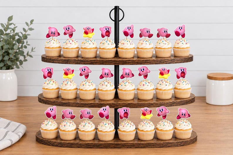 May include: A three-tiered dark wood cupcake stand holding twenty-four cupcakes, each topped with a paper cutout of the pink character Kirby in various poses. The cupcakes feature white frosting with colorful sprinkles in light brown paper liners.