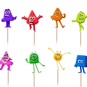 May include: A set of twelve colorful cupcake toppers featuring various cartoon characters with distinct shapes, expressions, and accessories, each attached to a thin wooden pick. The characters include a blue square, purple triangle, red triangle, orange teardrop, lime green blob, dark purple square, brown blob with a hat, pink triangle with goggles, green square, yellow circle, blue square, and a light pink blob with a top hat.