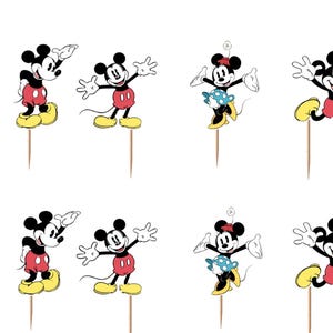 K&ouml;nnte beinhalten: Ein Set aus dekorativen Cupcake-Toppern mit verschiedenen Posen von Mickey Mouse. Jede Figur zeigt den Charakter in den Farben Schwarz, Wei&szlig;, Rot und Gelb und ist an einem d&uuml;nnen Holzspie&szlig; befestigt. Die Sammlung enth&auml;lt mehrere wiederholte Designs.
