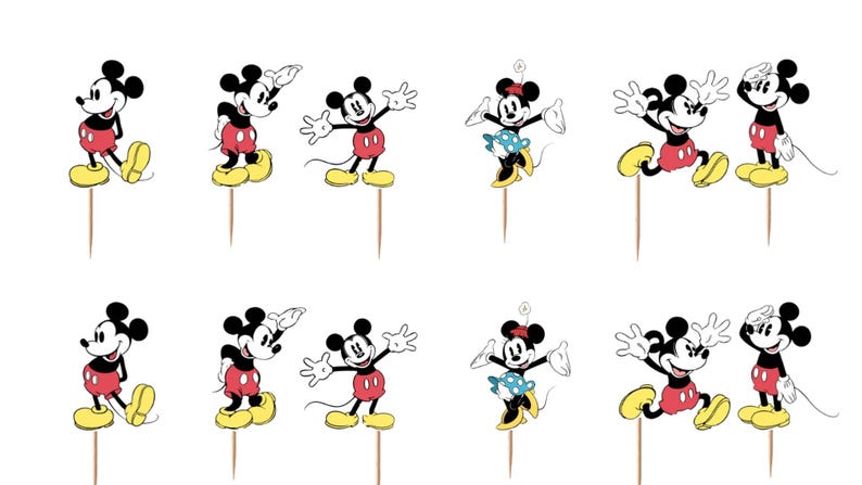 K&ouml;nnte beinhalten: Ein Set aus dekorativen Cupcake-Toppern mit verschiedenen Posen von Mickey Mouse. Jede Figur zeigt den Charakter in den Farben Schwarz, Wei&szlig;, Rot und Gelb und ist an einem d&uuml;nnen Holzspie&szlig; befestigt. Die Sammlung enth&auml;lt mehrere wiederholte Designs.