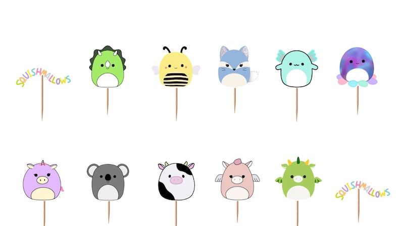 May include: A set of twelve decorative cupcake toppers featuring various cartoon animal characters and two signs with the text Squishmallows. Each topper consists of a colorful character head or sign attached to a thin, light brown wooden pick.