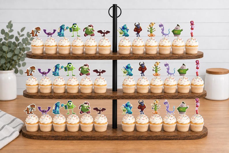 May include: A three-tiered wooden cupcake stand holding numerous cupcakes topped with colorful character toppers. The toppers feature various animated creatures, including a green one-eyed character, a blue furry figure, and others, arranged in rows.