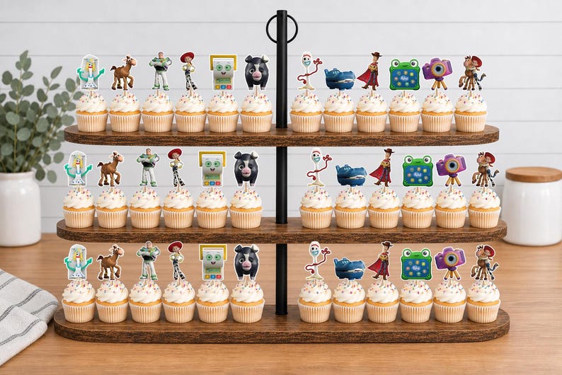 May include: A three-tiered wooden cupcake stand holding rows of cupcakes topped with various character-themed paper toppers, including figures like a white spork, a brown horse, a green space ranger, a cowgirl, a black pig, and a purple camera.