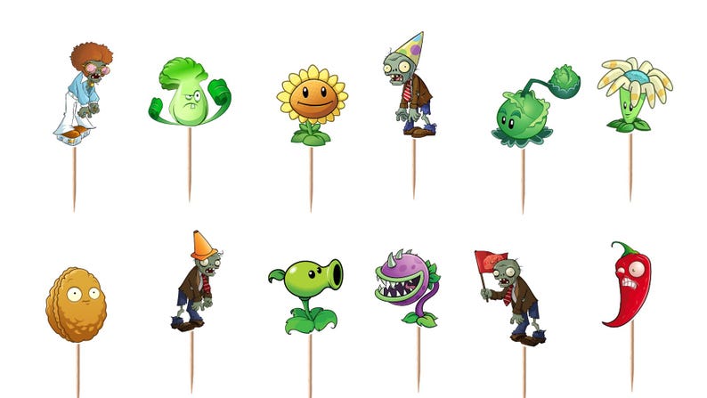 May include: A set of twelve decorative cupcake toppers featuring colorful illustrations of various characters including zombies, a sunflower, a walnut, a peashooter, a chomper, and a chili pepper, each attached to a thin wooden pick for insertion.