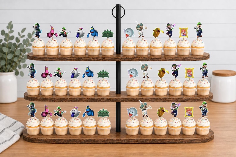 May include: A three-tiered wooden cupcake stand holding rows of cupcakes topped with various character-themed paper toppers. The toppers feature colorful illustrations of ghosts, Luigi, and other figures from the Luigi's Mansion video game series.