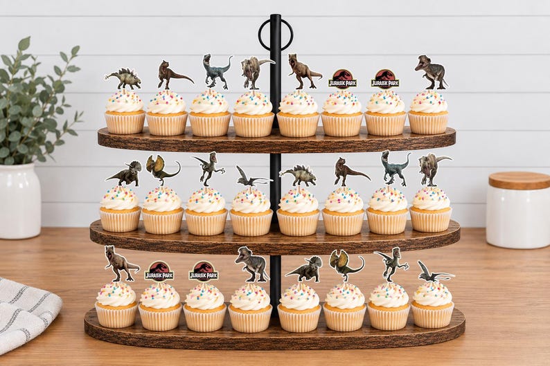Pu&ograve; includere: Un'alzata per cupcake in legno a tre livelli contenente ventiquattro cupcake guarniti con zuccherini colorati e vari topper di carta a tema dinosauri, inclusi loghi circolari di Jurassic Park, disposti su una superficie in legno marrone.