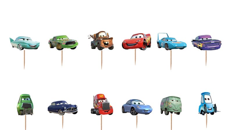 May include: A set of twelve decorative cupcake toppers featuring various animated car characters from the movie Cars. Each character is printed on cardstock and attached to a thin wooden toothpick, including red, blue, green, and brown vehicles.