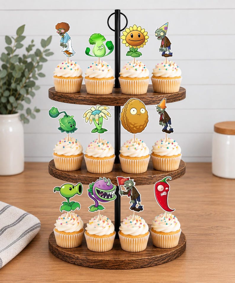 May include: A three-tiered wooden cupcake stand holding twelve cupcakes topped with white frosting and colorful sprinkles. Each cupcake features a decorative paper topper depicting various characters from the Plants vs. Zombies video game.