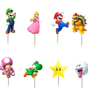 May include: A set of twelve decorative cupcake toppers featuring various Super Mario characters and icons, including Mario, Luigi, Princess Peach, Daisy, Bowser, Goomba, Koopa Troopa, Toadette, Yoshi, a yellow star, a Boo ghost, and Toad.