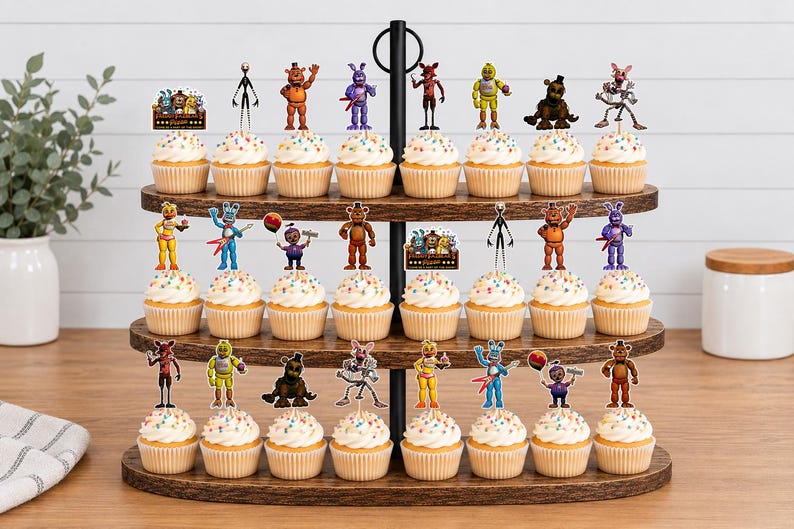 May include: A three-tiered wooden cupcake stand holding twenty-four cupcakes topped with colourful sprinkles and various Five Nights at Freddy's character paper toppers. The toppers feature figures like Freddy, Bonnie, Chica, and Foxy.