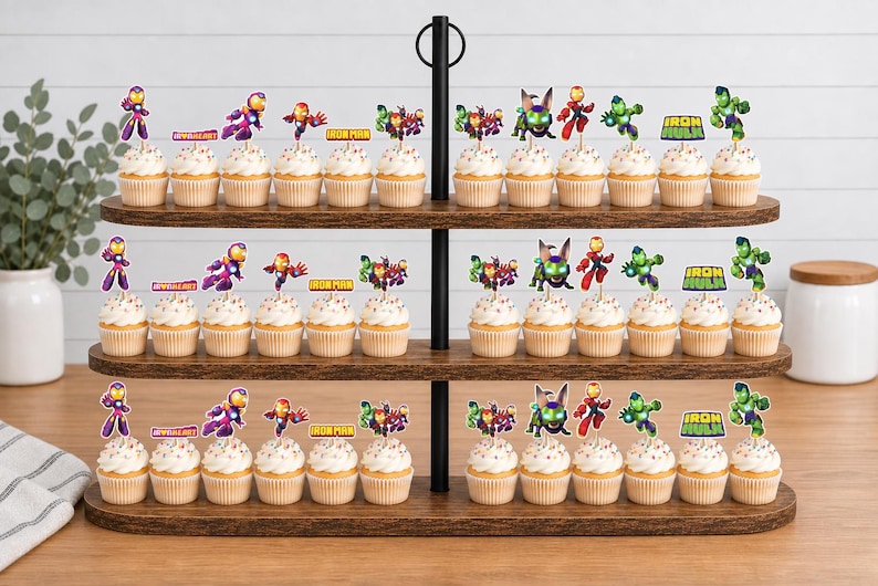 May include: A three-tiered wooden cupcake stand holding numerous cupcakes topped with colorful paper cutouts of various superhero characters, including Iron Man and Hulk, with some featuring text labels like Iron Man and Iron Hulk.
