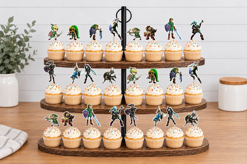 Op de afbeelding: Een houten standaard met drie niveaus en vierentwintig cupcakes, elk voorzien van een kleine papieren uitsparing van een videogamepersonage. De cupcakes hebben witte glazuur met kleurrijke hagelslag en staan op de donkerbruine houten planken.