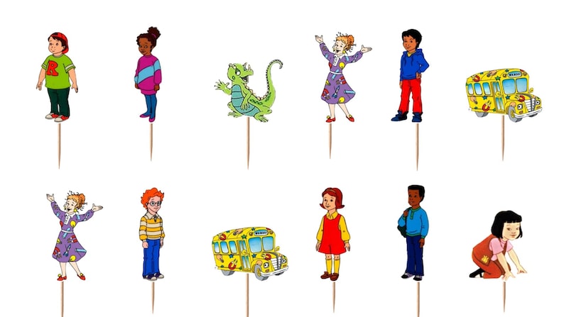 May include: A set of twelve decorative cupcake toppers featuring colorful illustrations of children, a green lizard, and yellow school buses. Each character and vehicle is attached to a thin wooden pick, designed for placement on food items.