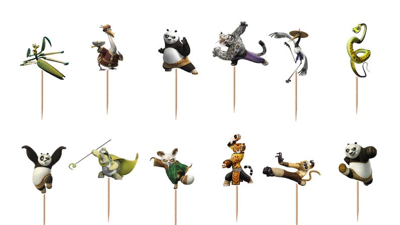 May include: A set of twelve decorative cupcake toppers featuring various Kung Fu Panda characters, including Po, Master Shifu, Tigress, and others, each attached to a thin wooden toothpick for insertion into food items for themed party displays.