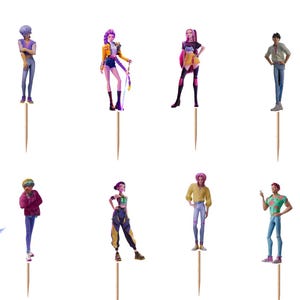 Op de afbeelding: Een set van twaalf decoratieve cupcake-toppers met diverse geanimeerde figuren en een blauw tijgerachtig wezen, elk bevestigd aan een dunne houten tandenstoker. De figuren tonen uiteenlopende outfits, kapsels en houdingen in kleur.