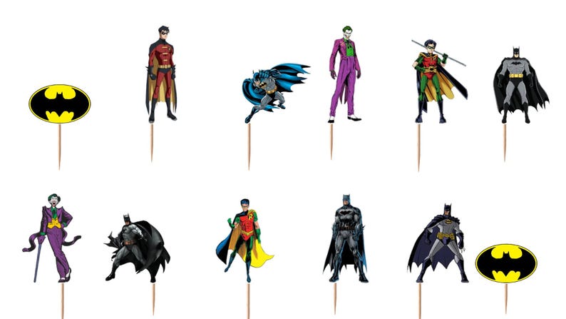 May include: A set of twelve decorative cupcake toppers featuring various comic book characters including Batman, Robin, and the Joker, each attached to a wooden toothpick. The collection includes two yellow and black bat logos and ten character figures.