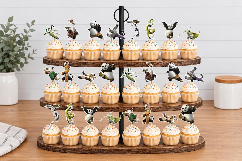 May include: A three-tiered wooden cupcake stand holding twenty-four cupcakes, each topped with a paper cutout of characters from the Kung Fu Panda film series, including Po, Tigress, Shifu, Mantis, Viper, Monkey, and Crane on white frosting.