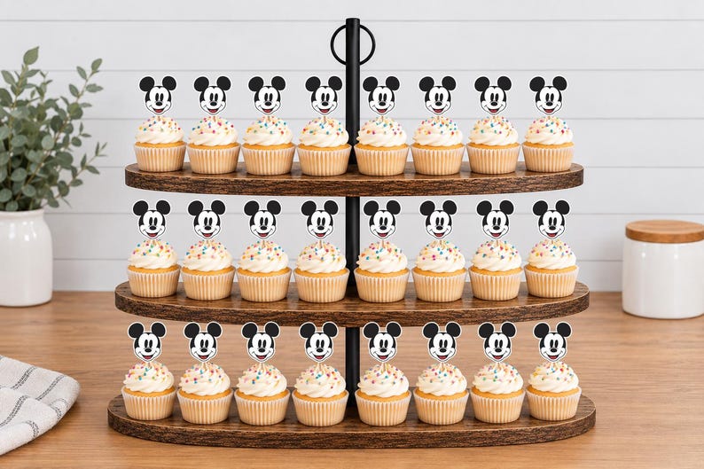 以下が含まれることがあります： 3段の木製カップケーキスタンドに24個のカップケーキが並んでおり、それぞれにミッキーマウスの紙製切り抜きが飾られています。カップケーキは白いアイシングとカラフルなスプリンクルで仕上げられており、スタンドには黒い金属製の持ち手が付いています。