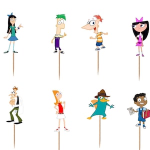 May include: A collection of twelve Phineas and Ferb character cupcake toppers, each featuring a different animated figure attached to a wooden toothpick. The set includes Candace, Stacy, Ferb, Phineas, Isabella, Perry the Platypus, and others.