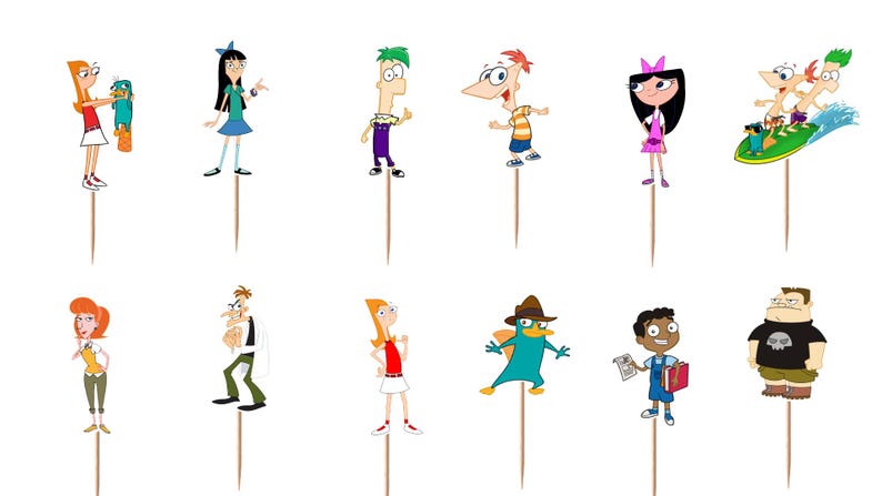May include: A collection of twelve Phineas and Ferb character cupcake toppers, each featuring a different animated figure attached to a wooden toothpick. The set includes Candace, Stacy, Ferb, Phineas, Isabella, Perry the Platypus, and others.