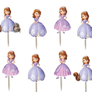 May include: A collection of cupcake toppers featuring Princess Sofia from Disney's "Sofia the First." The toppers depict Sofia in a purple and pink gown, with some including a squirrel and rabbit. The "Sofia the First" logo is also present.