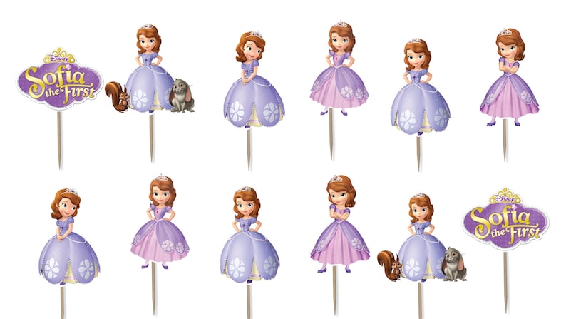 May include: A collection of cupcake toppers featuring Princess Sofia from Disney's "Sofia the First." The toppers depict Sofia in a purple and pink gown, with some including a squirrel and rabbit. The "Sofia the First" logo is also present.