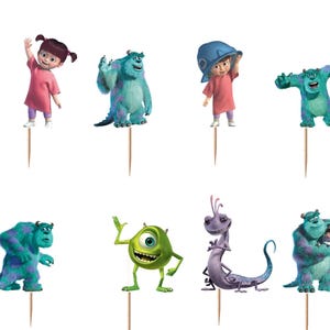 May include: A set of twelve decorative cupcake toppers featuring various characters from Monsters, Inc. including Sulley, Mike Wazowski, Boo, Randall, and a door. Each character is printed on a cutout attached to a thin wooden toothpick.
