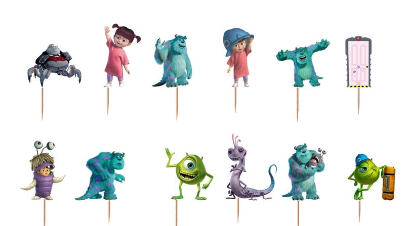 May include: A set of twelve decorative cupcake toppers featuring various characters from Monsters, Inc. including Sulley, Mike Wazowski, Boo, Randall, and a door. Each character is printed on a cutout attached to a thin wooden toothpick.
