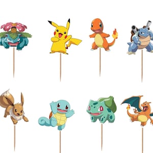 May include: A set of twelve decorative cupcake toppers featuring various colorful Pok&eacute;mon characters and a red and white Pok&eacute; Ball, each attached to a thin wooden toothpick. The collection includes Pikachu, Charmander, Squirtle, Bulbasaur, and others.