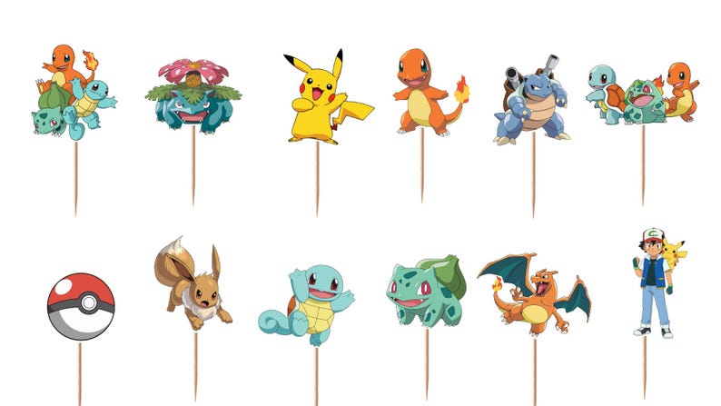 May include: A set of twelve decorative cupcake toppers featuring various colorful Pok&eacute;mon characters and a red and white Pok&eacute; Ball, each attached to a thin wooden toothpick. The collection includes Pikachu, Charmander, Squirtle, Bulbasaur, and others.