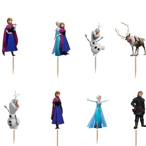 以下が含まれることがあります： 映画『アナと雪の女王』のエルサ、アナ、オラフ、クリストフ、スヴェンなどのキャラクターが描かれたカップケーキトッパー12個セット。各キャラクターのフィギュアは、挿入しやすいように細く尖った木製のピックに取り付けられています。