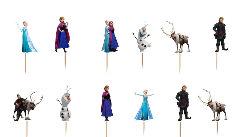 以下が含まれることがあります： 映画『アナと雪の女王』のエルサ、アナ、オラフ、クリストフ、スヴェンなどのキャラクターが描かれたカップケーキトッパー12個セット。各キャラクターのフィギュアは、挿入しやすいように細く尖った木製のピックに取り付けられています。