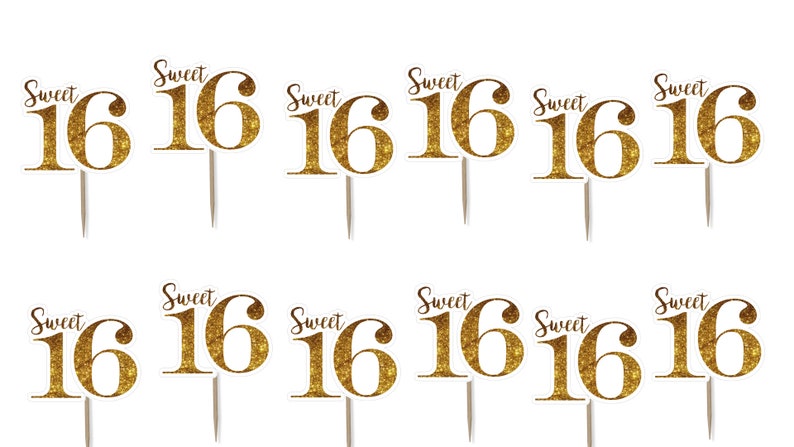 May include: A collection of gold glitter "Sweet 16" cake toppers. Each topper has the words "Sweet" in a script font above the number "16". The numbers are in a bold, block font. The toppers are on white sticks.