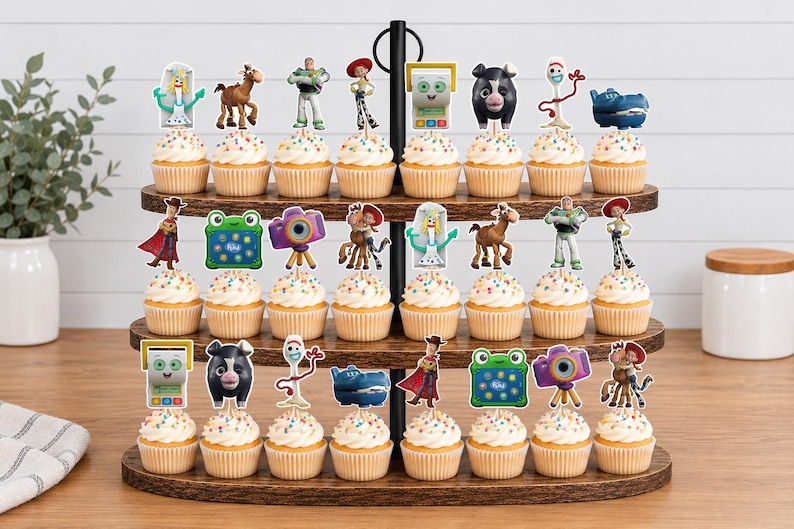 May include: A three-tiered wooden cupcake stand holding twenty-two cupcakes, each topped with a decorative paper cutout featuring various animated characters including a white spork, a brown horse, a green frog, and a purple camera on a tripod.