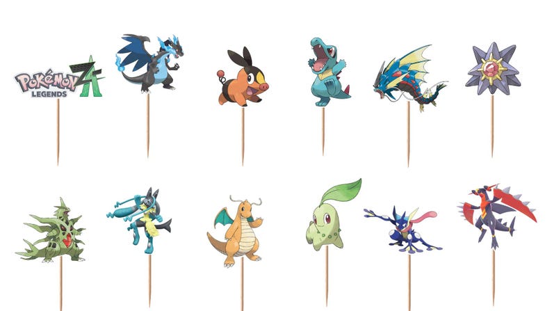 K&ouml;nnte beinhalten: Ein Set aus zw&ouml;lf dekorativen Lebensmittel-Toppern mit verschiedenen bunten Pok&eacute;mon-Figuren und dem Pok&eacute;mon Legends Z-A Logo, die jeweils an einem d&uuml;nnen Holzspie&szlig; befestigt sind. Die Sammlung umfasst diverse Kreaturen wie Glurak, Lucario und Dragoran.