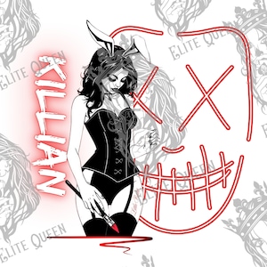 Könnte beinhalten: Schwarz-weiß-Illustration einer Frau in einem schwarzen Korsett, Hasenohren und Strümpfen. Sie hält einen Pinsel und zeichnet eine rote Linie. Der Hintergrund zeigt ein rotes Neon-Schild mit einem Totenkopf und gekreuzten Knochen.