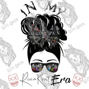 May include: A graphic design featuring a woman's silhouette with a messy bun. The bun is adorned with book covers that read "God of Malice", "God of Pain", and "God of Fury". The woman is wearing sunglasses with book covers reflected in the lenses. The text "In My" is above the bun, and "Rina Kent Era" is below.