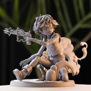 May include: A grey, detailed figurine of a young person with short hair, wearing a vest and trousers, holding a futuristic weapon. The figurine is sitting on a cloud-like base.