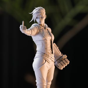 May include: A white painted figurine of a woman with short, spiky hair. She is wearing a jacket, trousers, and a belt. Her right arm is extended forward with her middle finger raised. Her left arm is bent at the elbow, and her hand is clenched into a fist.
