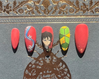 Hashiras custom press on nail sets, demon slayer (Giyuu, Obanai, Gyomei, Mitsuri, Shinobu, Muichiro, Sanemi, Tengen, Rengoku)
